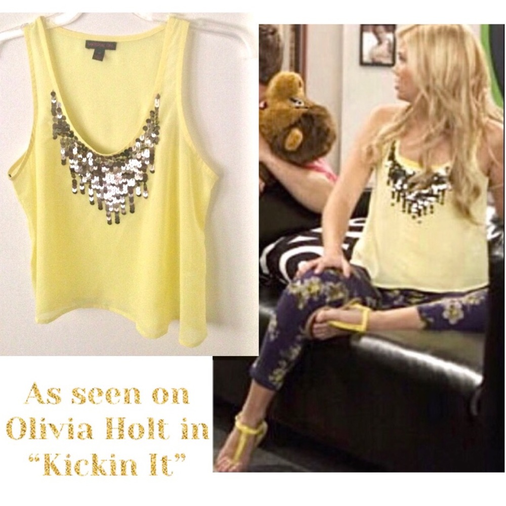 (Macy's) Material Girl lemon yellow sheer sequin front top